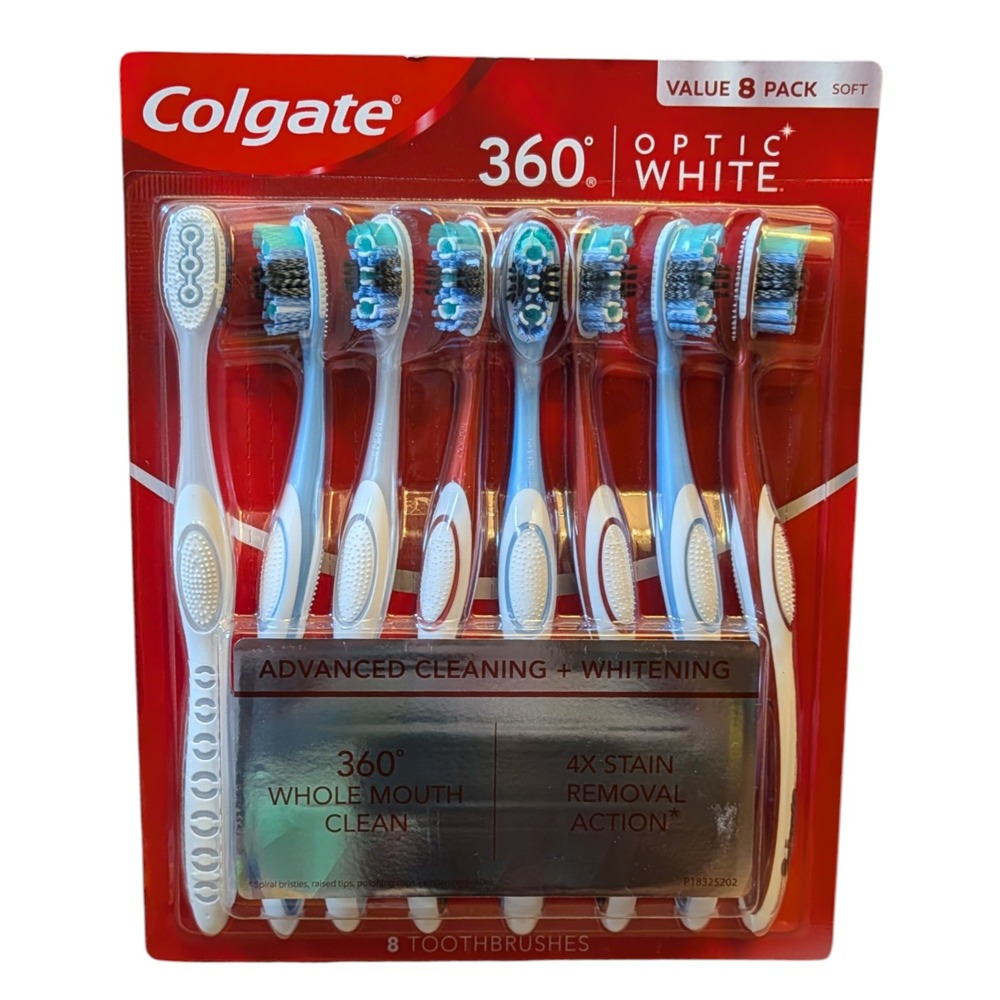 Colgate 360 Optic White Soft Toothbrushes 8 Pack Advanced Cleaning Whitening